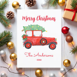 Christmas Tree Red Truck White Postcard
