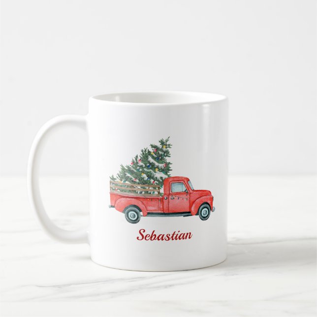 Christmas Tree Red Truck X'mas Name Mug (Left)