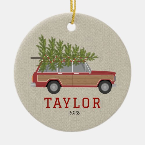 Christmas Tree Red Wood SUV Wagon Car Faux Tweed Ceramic Ornament