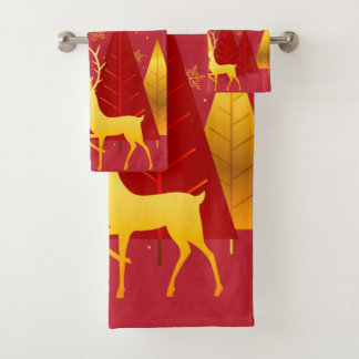 Christmas Tree & Reindeer Modern Girly Pattern Bath Towel Set