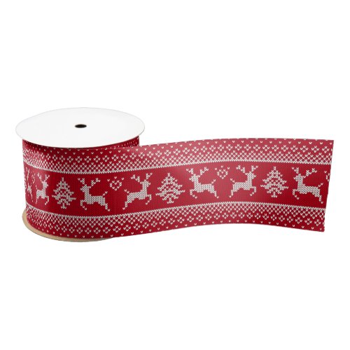 Christmas Tree Reindeer Red White Knit Holidays Satin Ribbon