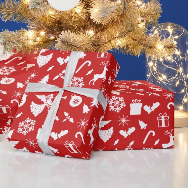 Christmas Tree Reindeer Snowflake Angel Red White  Wrapping Paper (Holidays)