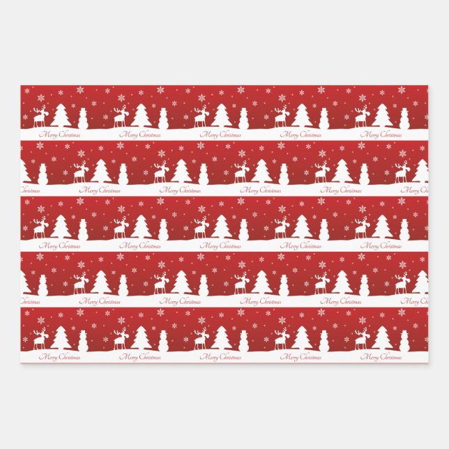 Christmas Tree Reindeer Snowman Wrapping Paper Sheets (Front)