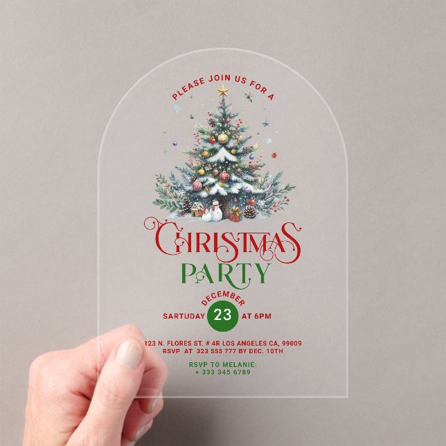 Christmas Tree Retro Typography Christmas Party  Acrylic Invitations (Insitu (Handheld))