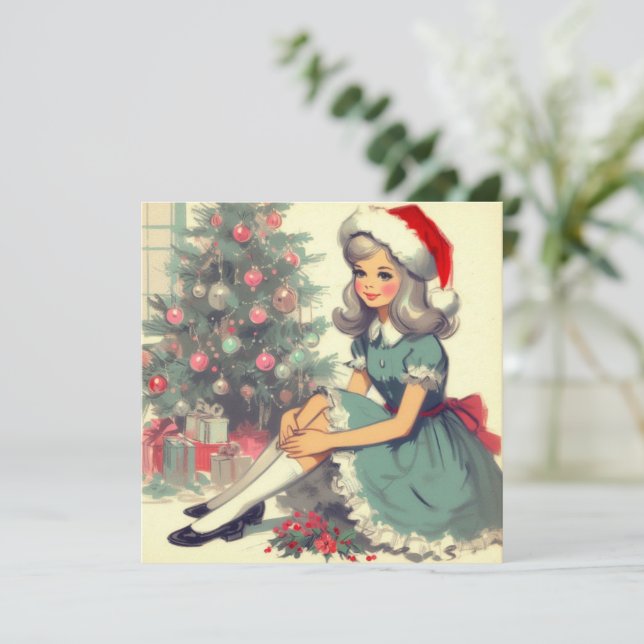 Christmas Tree Retro Vintage Illustration Kitsch Holiday Card (Standing Front)
