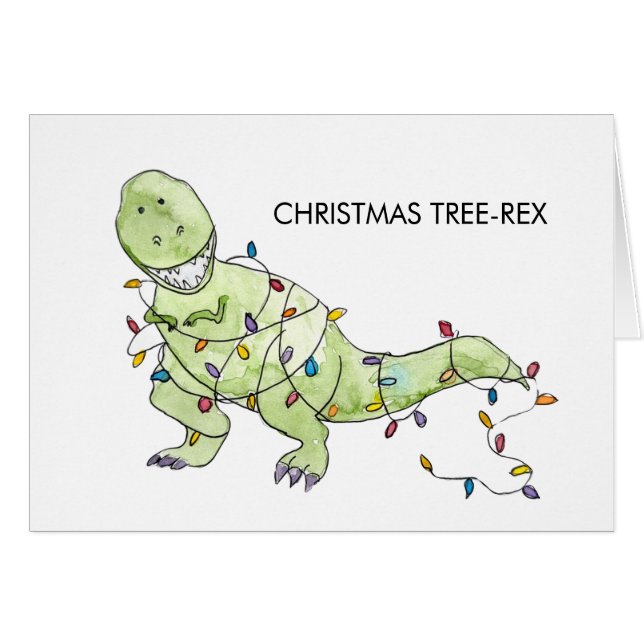 Christmas Tree-Rex Funny Christmas Watercolor Card (Front Horizontal)