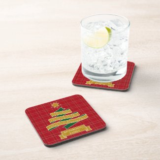Christmas Tree Ribbon Red Plaid Star Custom Banner Beverage Coaster