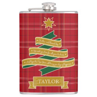 Christmas Tree Ribbon Red Plaid Star Custom Banner Hip Flask