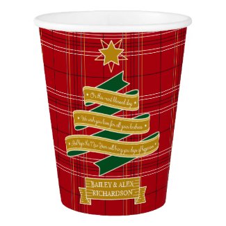 Christmas Tree Ribbon Red Plaid Star Custom Banner Paper Cup