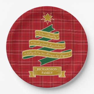 Christmas Tree Ribbon Red Plaid Star Custom Banner Paper Plate