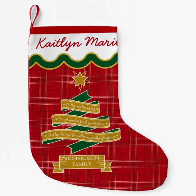 Christmas Tree Ribbon Red Plaid Star Custom Banner Small Christmas Stocking (Front)