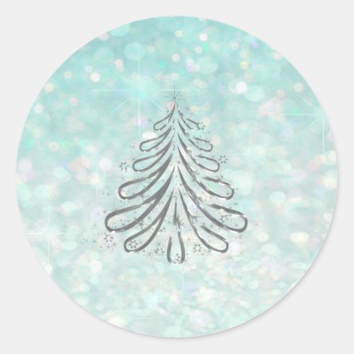 Christmas tree Romantic Glitter sparkle pale blue Classic Round Sticker