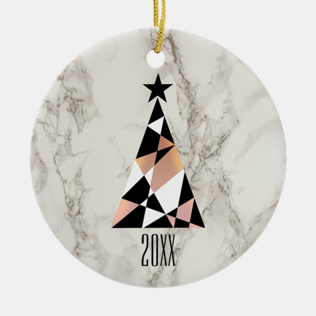 Christmas Tree Rose Gold Marble Ceramic Ornament (Front)
