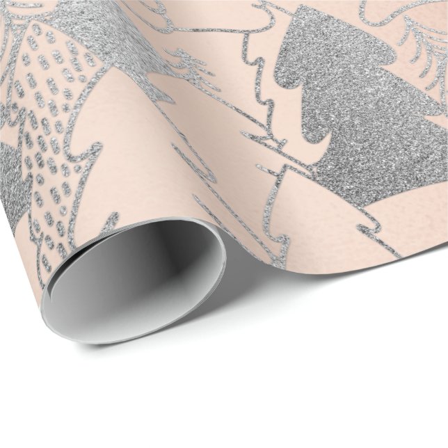 Christmas Tree Rose Gold Silver Gray Glitter Wood Wrapping Paper (Roll Corner)