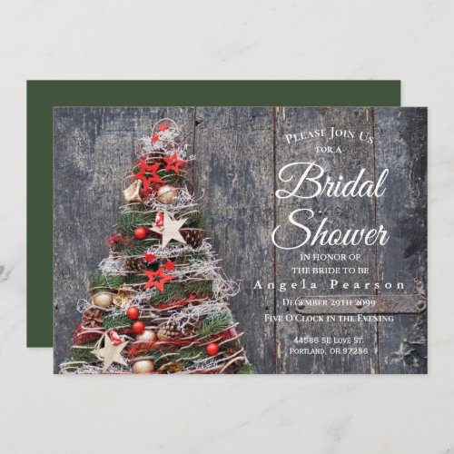 Christmas Tree Rustic Wood Green Bridal Shower Invitation