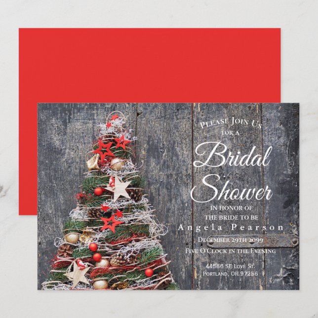 Christmas Tree Rustic Wood Red Bridal Shower Invitation (Front/Back)
