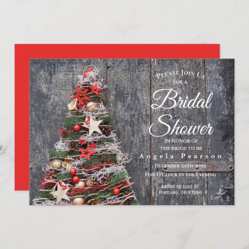 Christmas Tree Rustic Wood Red Bridal Shower Invitation