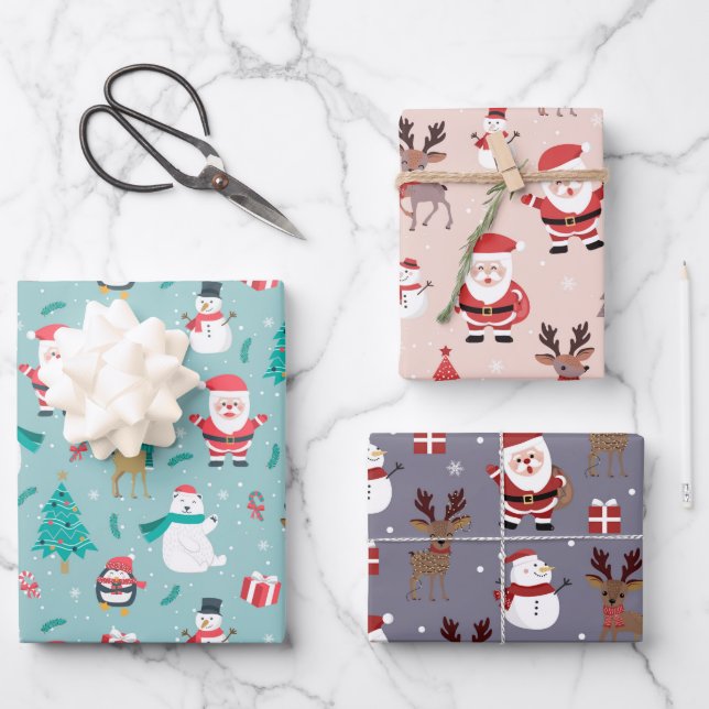 Christmas Tree Santa Claus Reindeer Snowman Blue Wrapping Paper Sheets (Front)