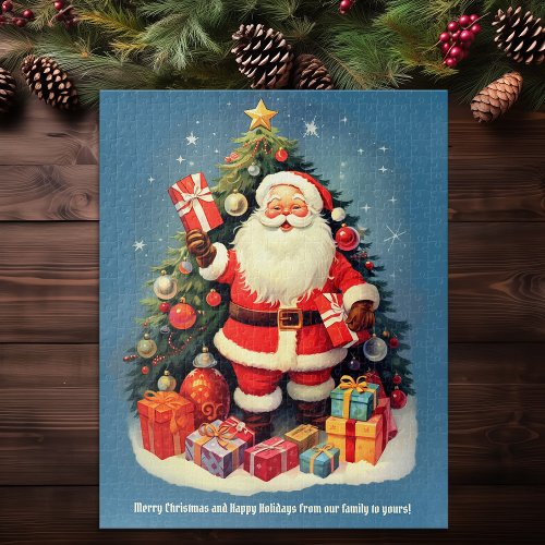 Christmas Tree Santa Clause Gifts Blue Holiday Art Jigsaw Puzzle