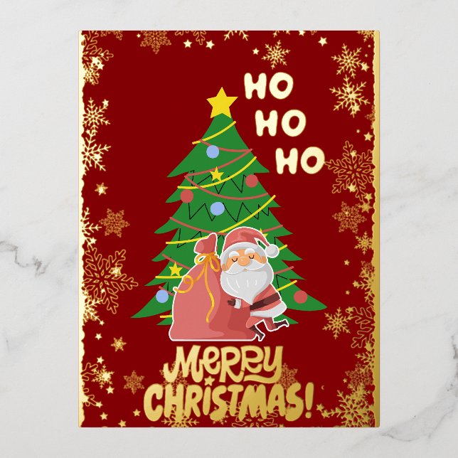 Christmas tree | Santa | customizable gold Foil Holiday Postcard (Front)