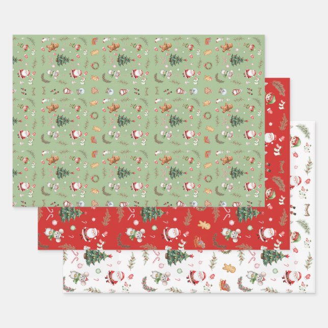 Christmas Tree Santa cute character holiday design Wrapping Paper Sheets (Set)