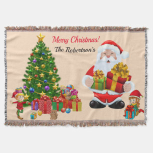 Christmas Tree Santa & Elves Add Name Gift Throw B Blanket