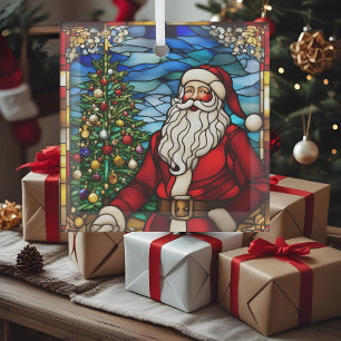 Christmas Tree Santa Faux Stained Glass Glass Ornament
