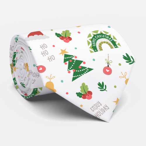 Christmas Tree Santa Hat Holly Berries  Neck Tie