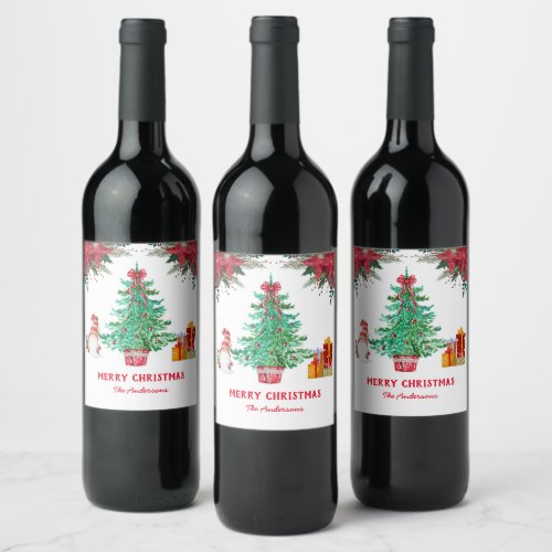 Christmas Tree Santa Holiday Red Green Wine Label