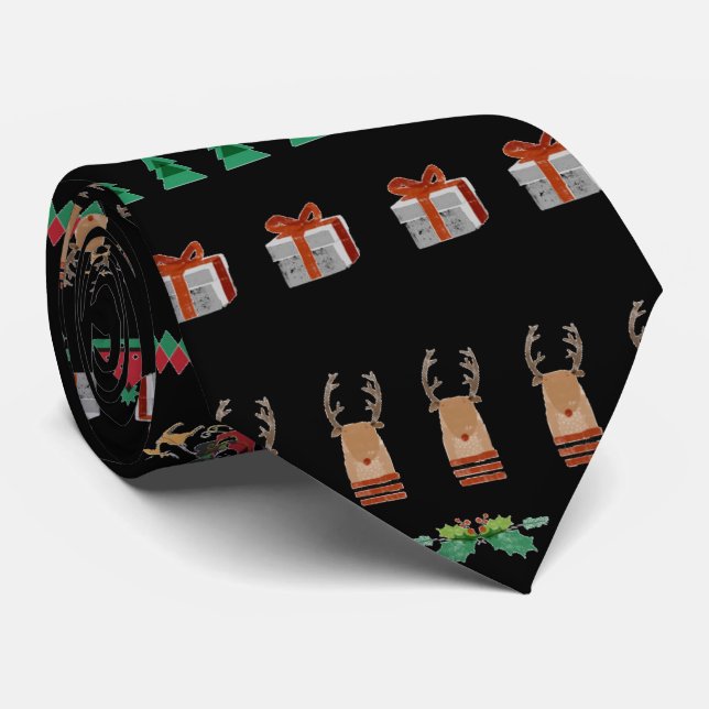 Christmas Tree Santa Presents Reindeer Green Red Neck Tie (Rolled)