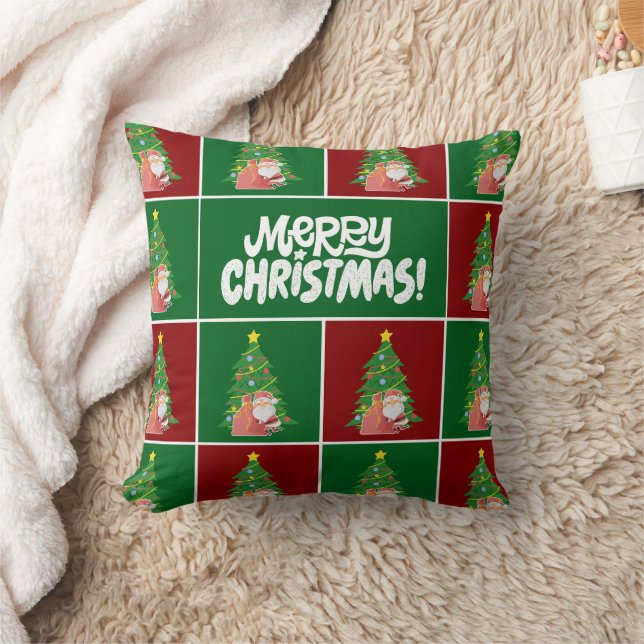 Christmas tree | Santa | red green Throw Pillow (Blanket)