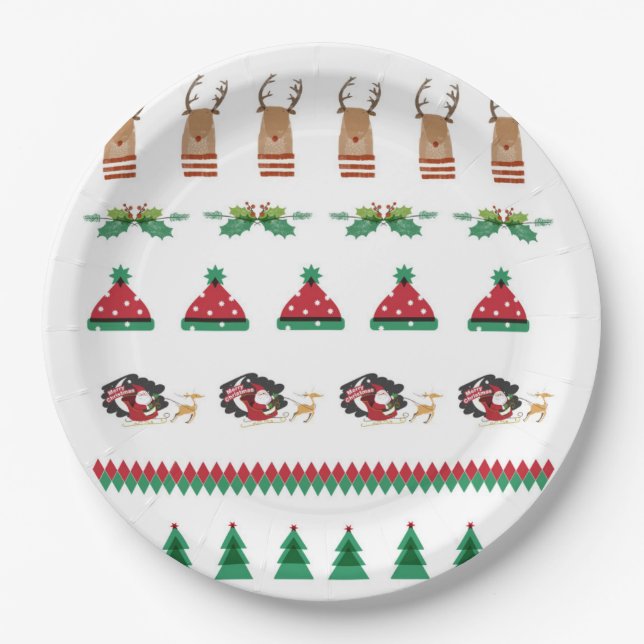 Christmas Tree Santa Reindeer Presents Red Green Paper Plates (Front)