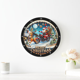 Christmas Tree Santa's Motorcycle Large Clock