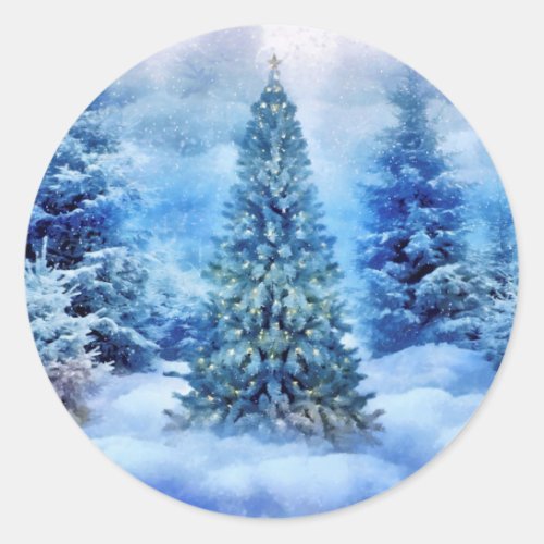 Christmas tree scene classic round sticker