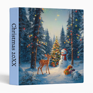 Christmas Tree Scene Cute Deer Fawn Snowman 3 Ring Binder