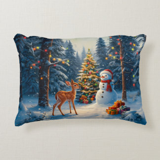 Christmas Tree Scene Cute Deer Fawn Snowman Accent Pillow