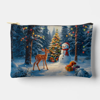 Christmas Tree Scene Cute Deer Fawn Snowman Accessory Pouch