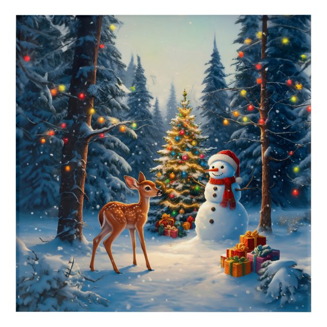 Christmas Tree Scene Cute Deer Fawn Snowman Acrylic Print (Front)