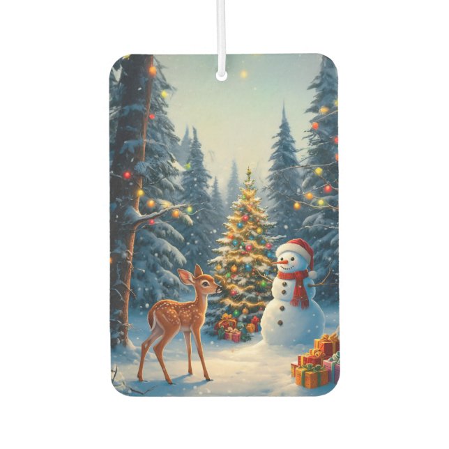 Christmas Tree Scene Cute Deer Fawn Snowman Air Freshener (Front)