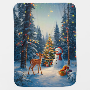 Christmas Tree Scene Cute Deer Fawn Snowman Baby Blanket