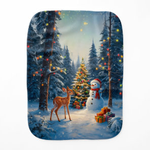 Christmas Tree Scene Cute Deer Fawn Snowman Baby Burp Cloth