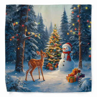 Christmas Tree Scene Cute Deer Fawn Snowman Bandana