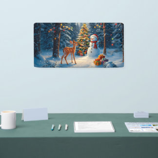 Christmas Tree Scene Cute Deer Fawn Snowman Banner
