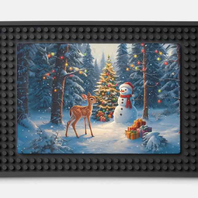 Christmas Tree Scene Cute Deer Fawn Snowman Bar Mat (Front (Close Up))