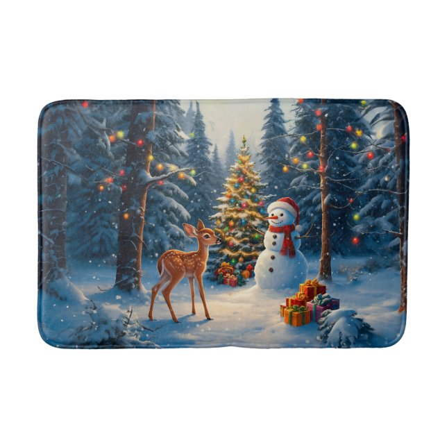 Christmas Tree Scene Cute Deer Fawn Snowman Bath Mat (Front)