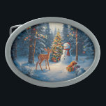 Christmas Tree Scene Cute Deer Fawn Snowman Belt Buckle<br><div class="desc">A winter wonderland scene with a cute fawn, a happy snowman, and a Christmas tree with colorful decorations and lights in a snowy forest.</div>