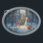 Christmas Tree Scene Cute Deer Fawn Snowman Belt Buckle<br><div class="desc">A winter wonderland scene with a cute fawn,  a happy snowman,  and a Christmas tree with colorful decorations and lights in a snowy forest.</div>