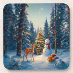 Christmas Tree Scene Cute Deer Fawn Snowman Beverage Coaster<br><div class="desc">A winter wonderland scene with a cute fawn,  a happy snowman,  and a Christmas tree with colorful decorations and lights in a snowy forest.</div>