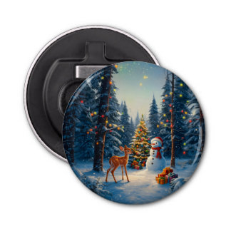 Christmas Tree Scene Cute Deer Fawn Snowman Bottle Opener