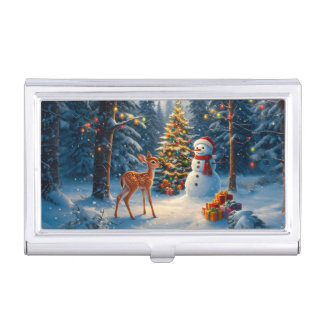Christmas Tree Scene Cute Deer Fawn Snowman Business Card Case